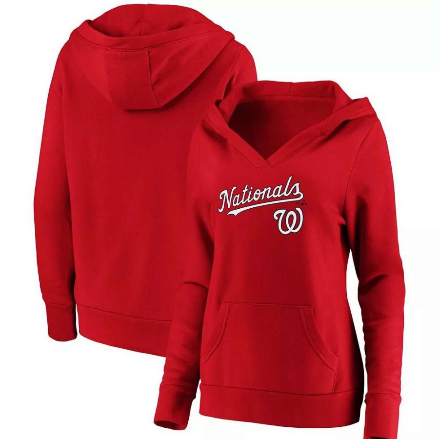 Tops * | Women'S Fanatics Branded Red Washington Nationals Core Team Lockup V-Neck Pullover Hoodie