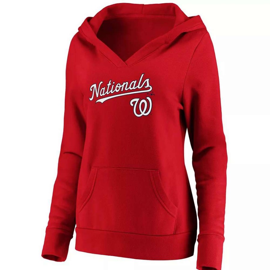 Tops * | Women'S Fanatics Branded Red Washington Nationals Core Team Lockup V-Neck Pullover Hoodie