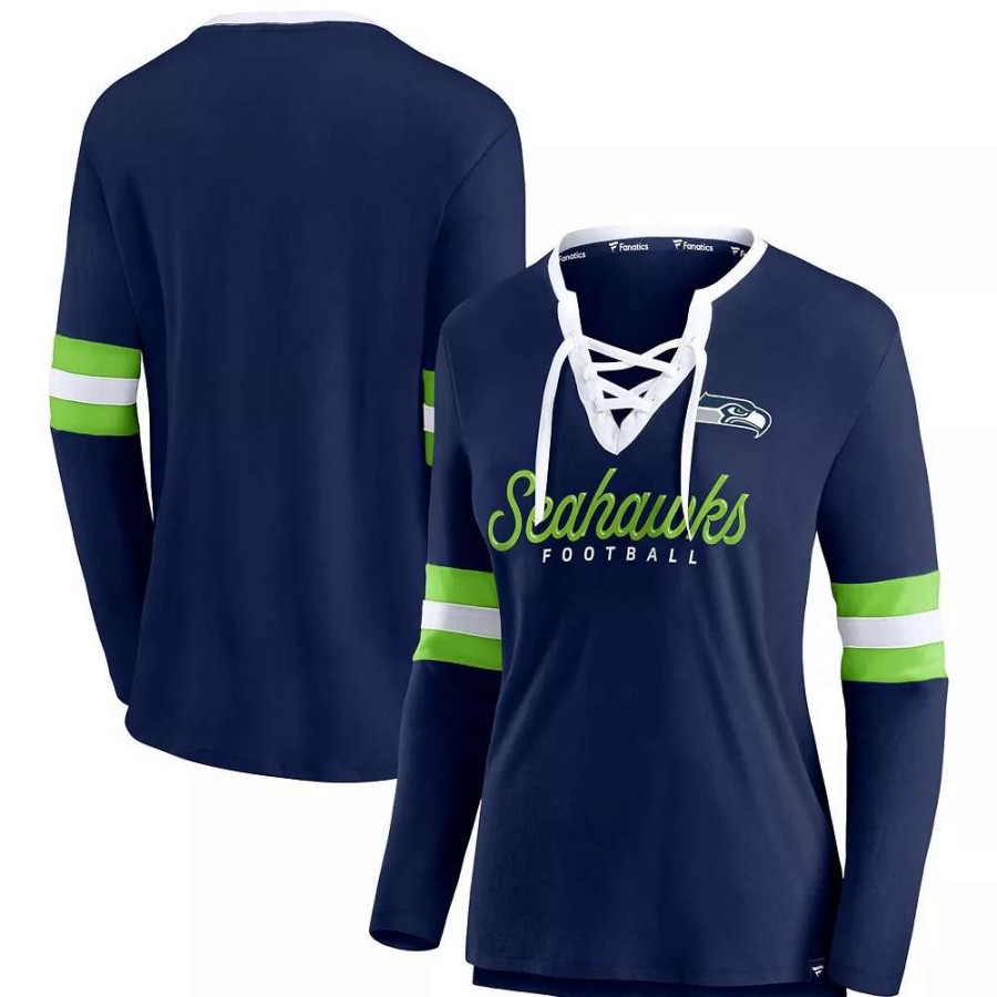 Tops * | Women'S Fanatics Branded College Navy Seattle Seahawks Block Party Team Script Lace-Up Long Sleeve T-Shirt