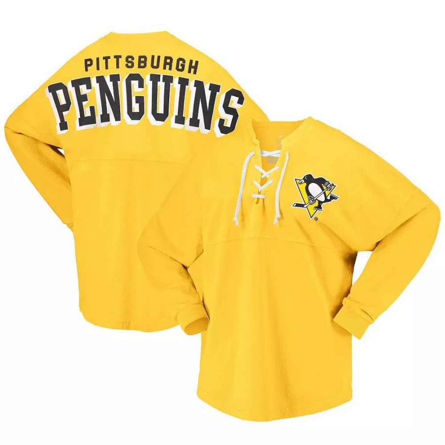 Tops * | Women'S Fanatics Branded Gold Pittsburgh Penguins Spirit Lace-Up V-Neck Long Sleeve Jersey T-Shirt