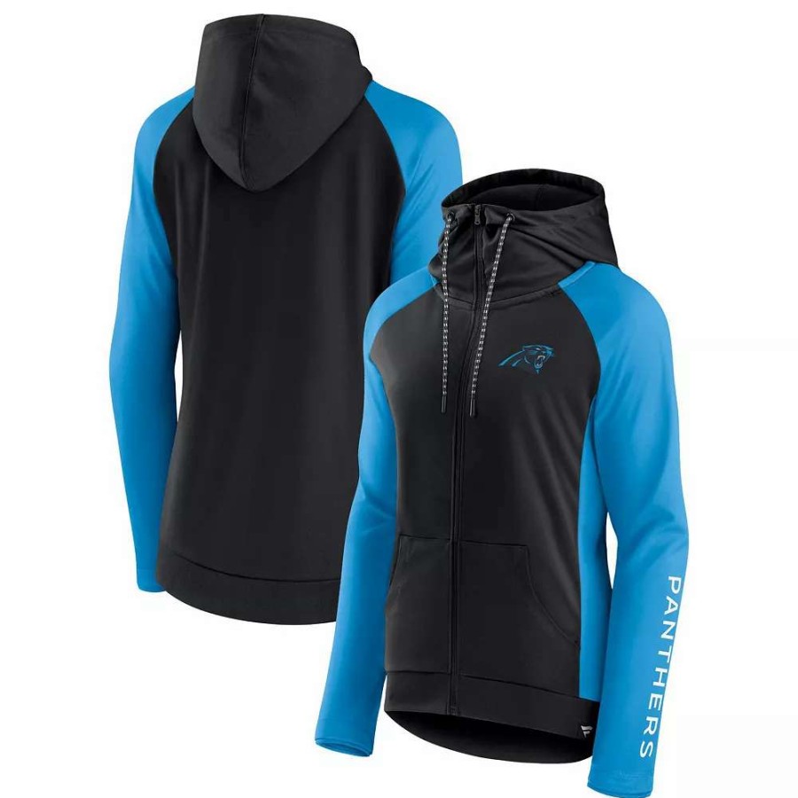 Outerwear * | Women'S Fanatics Branded Black/Blue Carolina Panthers End Around Raglan Full-Zip Hoodie