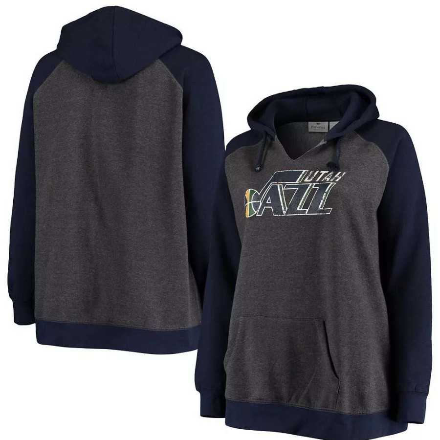 Tops * | Women'S Fanatics Branded Charcoal/Navy Utah Jazz Plus Size Raglan Notch Neck Pullover Hoodie