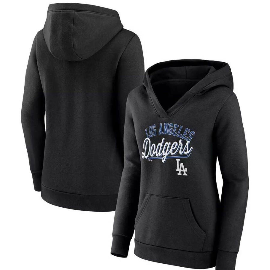 Tops * | Women'S Fanatics Branded Black Los Angeles Dodgers Simplicity Crossover V-Neck Pullover Hoodie