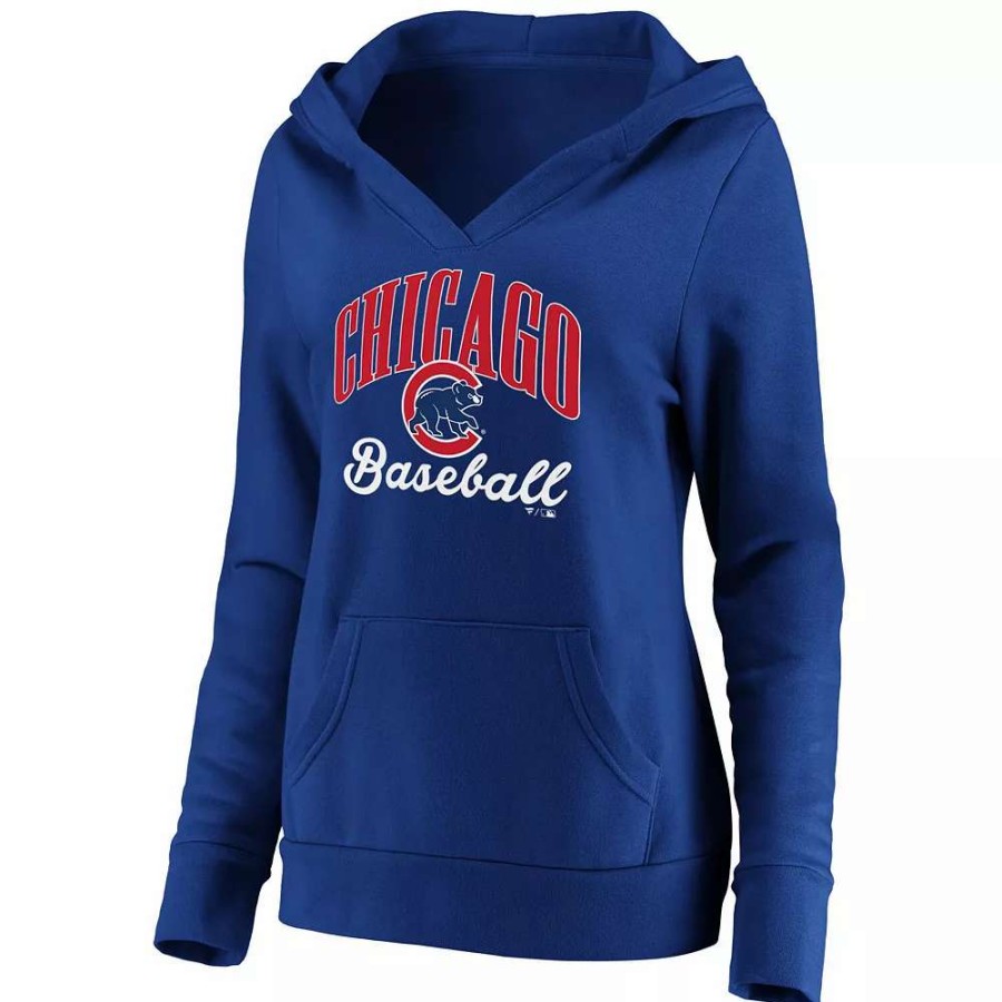 Tops * | Women'S Fanatics Branded Royal Chicago Cubs Victory Script Crossover Neck Pullover Hoodie