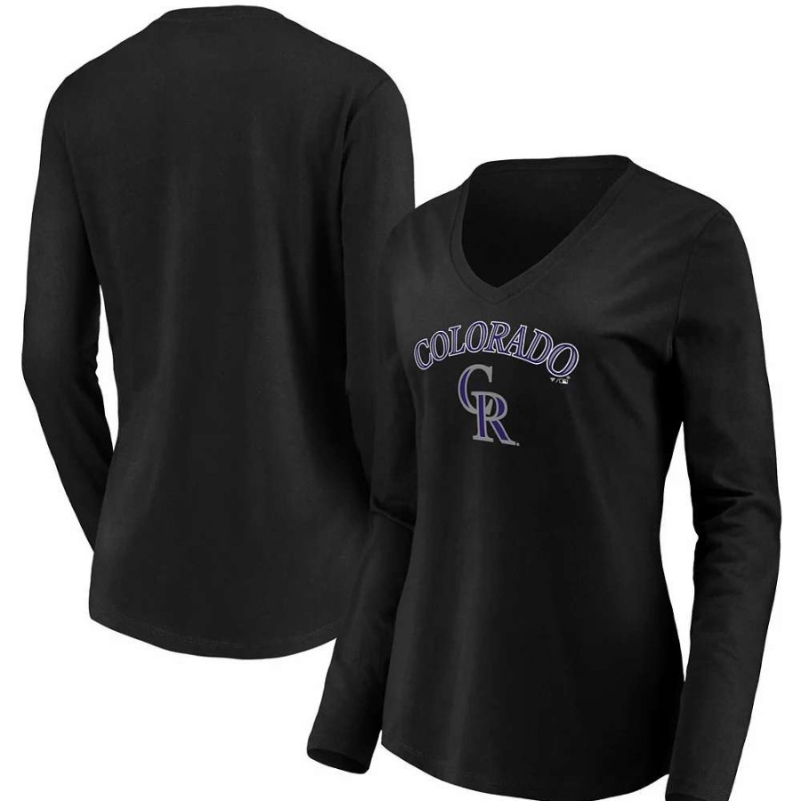 Tops * | Women'S Fanatics Branded Black Colorado Rockies Core Team Lockup Long Sleeve V-Neck T-Shirt