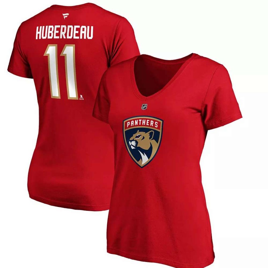 Tops * | Women'S Fanatics Branded Jonathan Huberdeau Red Florida Panthers Authentic Stack Name & Number V-Neck T-Shirt