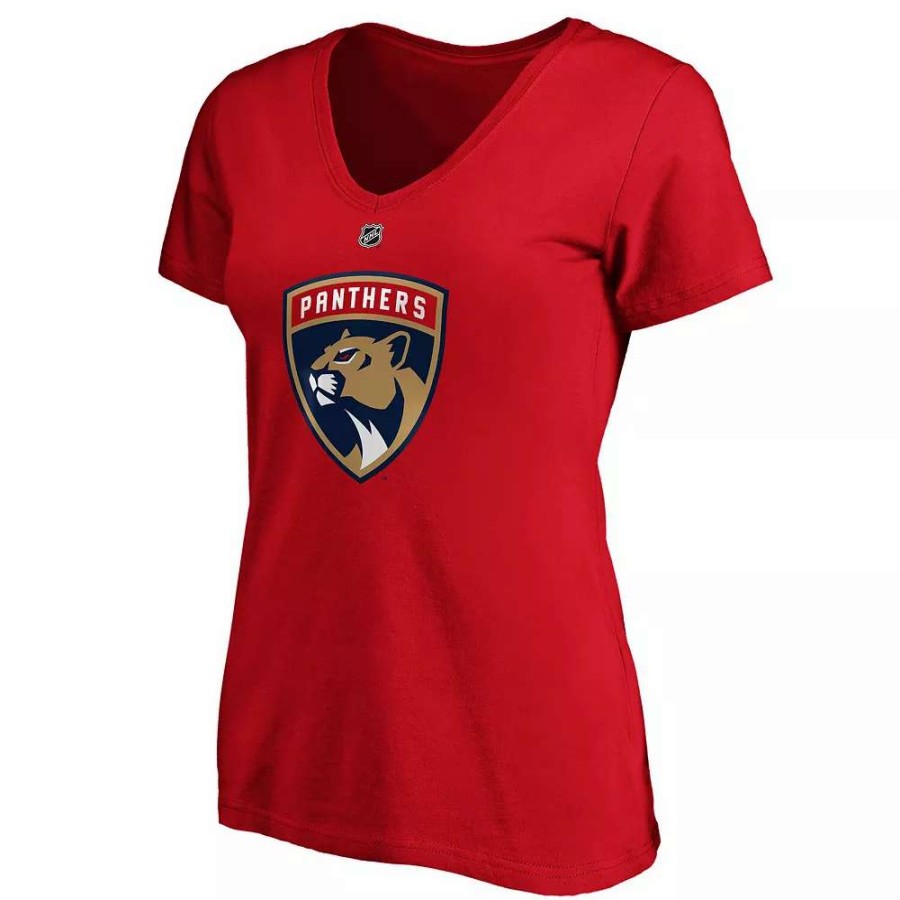 Tops * | Women'S Fanatics Branded Jonathan Huberdeau Red Florida Panthers Authentic Stack Name & Number V-Neck T-Shirt