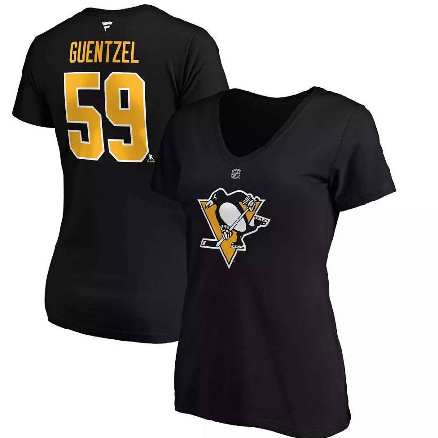 Tops * | Women'S Fanatics Branded Jake Guentzel Black Pittsburgh Penguins Team Authentic Stack Name & Number V-Neck T-Shirt