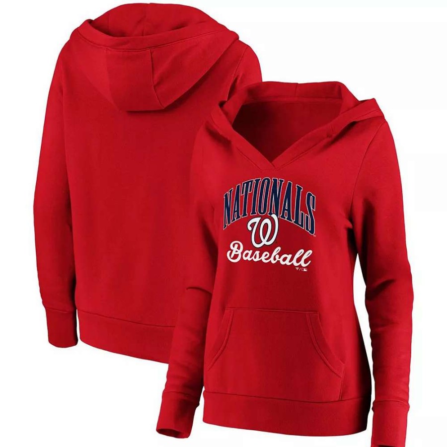 Tops * | Women'S Fanatics Branded Red Washington Nationals Victory Script Crossover Neck Pullover Hoodie