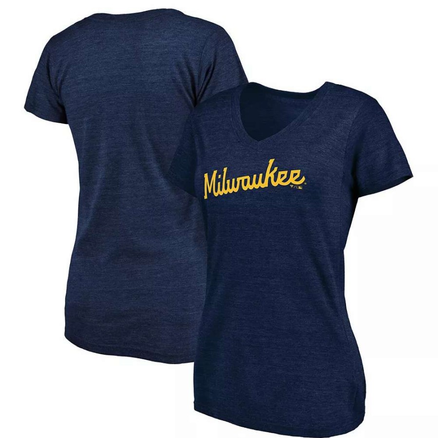 Tops * | Women'S Fanatics Branded Heathered Navy Milwaukee Brewers Wordmark Tri-Blend V-Neck T-Shirt