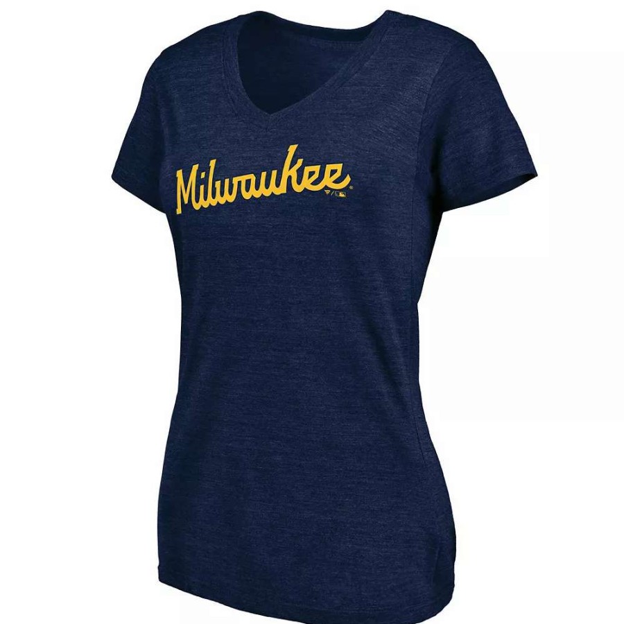 Tops * | Women'S Fanatics Branded Heathered Navy Milwaukee Brewers Wordmark Tri-Blend V-Neck T-Shirt