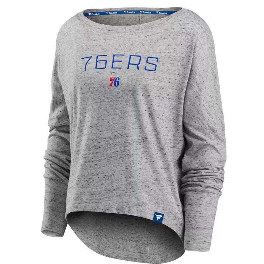 Tops * | Women'S Fanatics Branded Heathered Gray Philadelphia 76Ers Nostalgia Off-The-Shoulder Long Sleeve T-Shirt