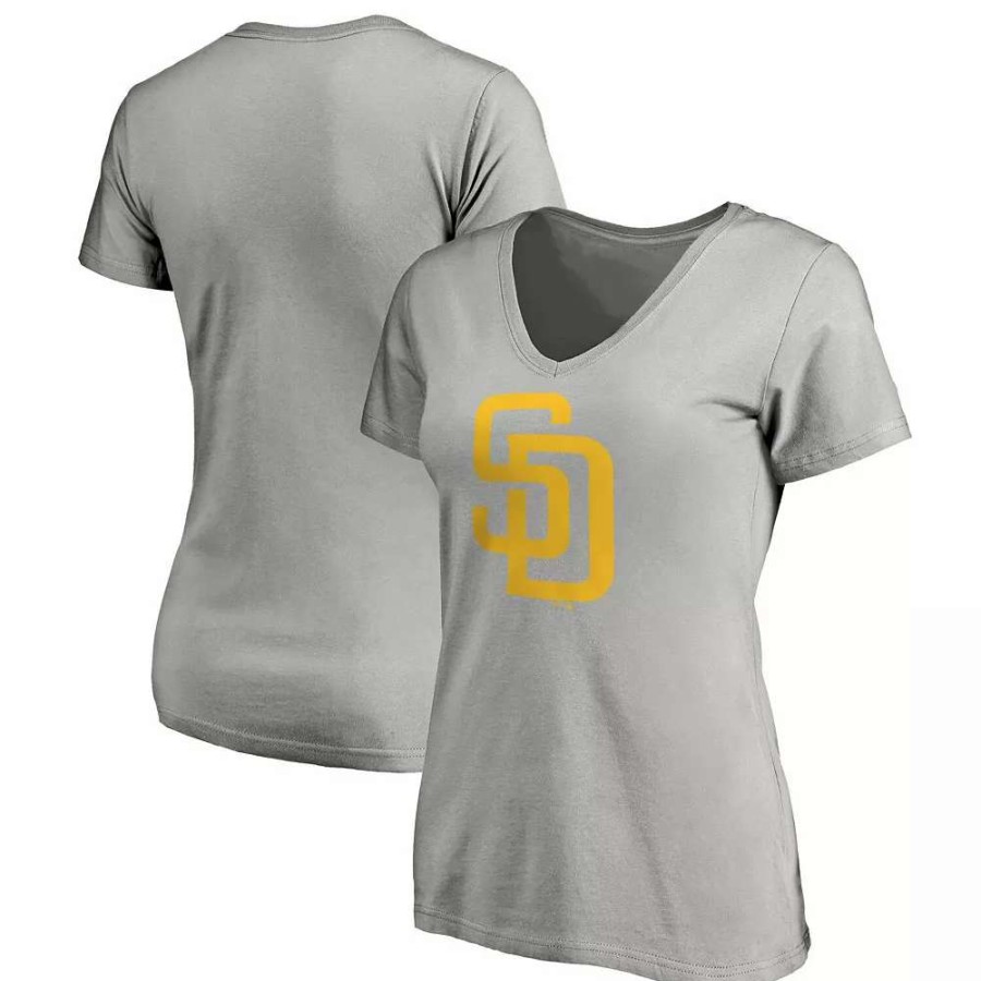 Tops * | Women'S Fanatics Branded Heathered Gray San Diego Padres Core Official Logo V-Neck T-Shirt