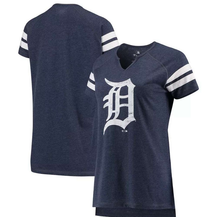 Tops * | Women'S Fanatics Branded Navy/White Detroit Tigers Tri-Blend Wordmark Notch Neck T-Shirt