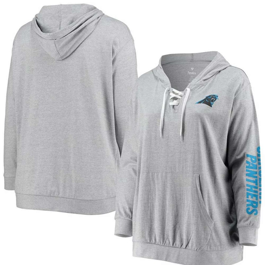 Tops * | Women'S Fanatics Branded Heathered Gray Carolina Panthers Plus Size Lace-Up Pullover Hoodie