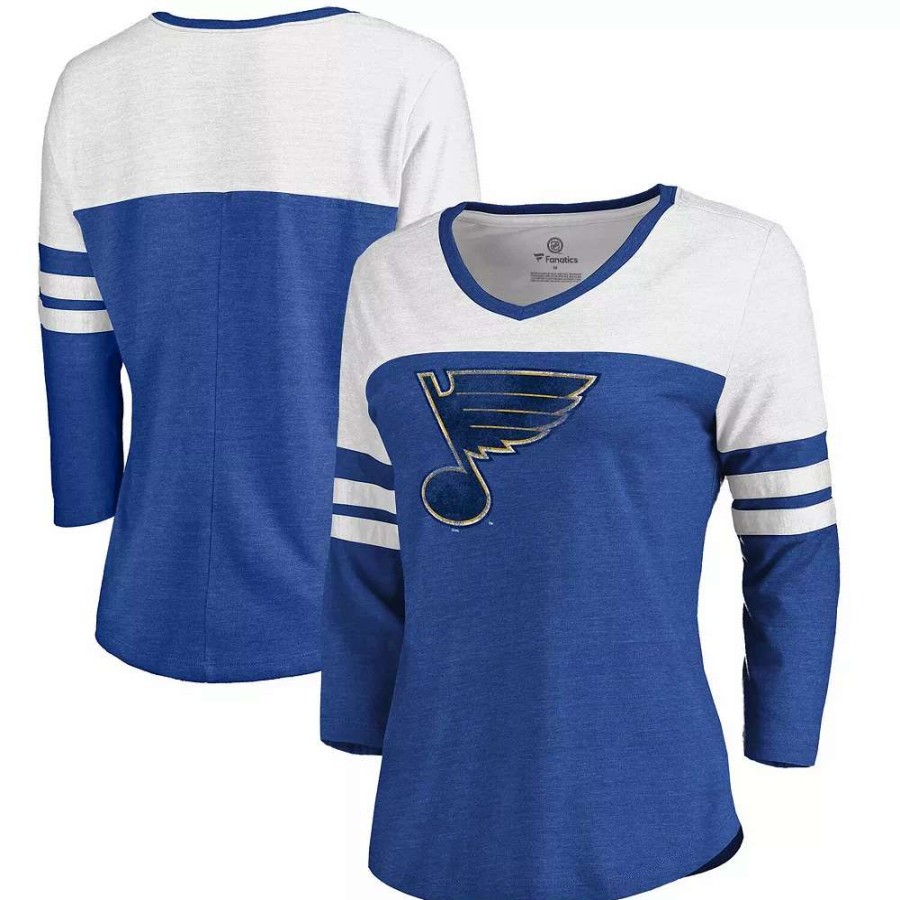 Tops * | Women'S Fanatics Branded Heathered Blue St. Louis Blues Team Tri-Blend 3/4-Sleeve V-Neck T-Shirt