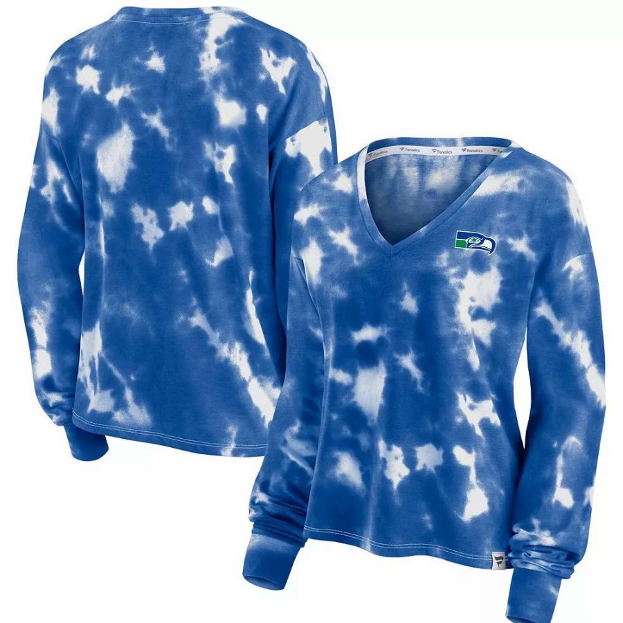 Tops * | Women'S Fanatics Branded White/Royal Seattle Seahawks Sport Resort Tie-Dye V-Neck Long Sleeve T-Shirt