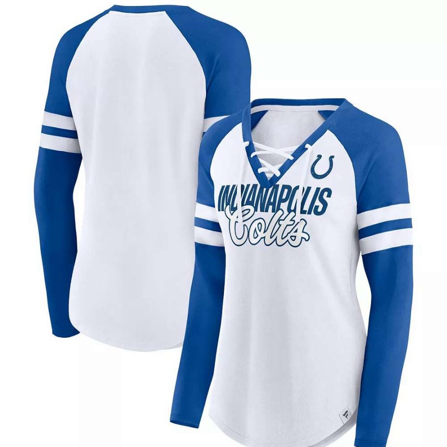 Tops * | Women'S Fanatics Branded White/Royal Indianapolis Colts True To Form Raglan Lace-Up V-Neck Long Sleeve T-Shirt