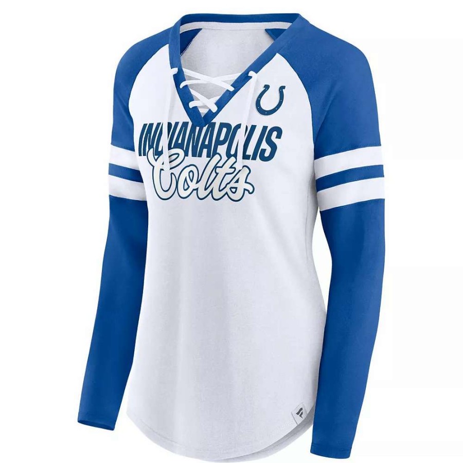 Tops * | Women'S Fanatics Branded White/Royal Indianapolis Colts True To Form Raglan Lace-Up V-Neck Long Sleeve T-Shirt