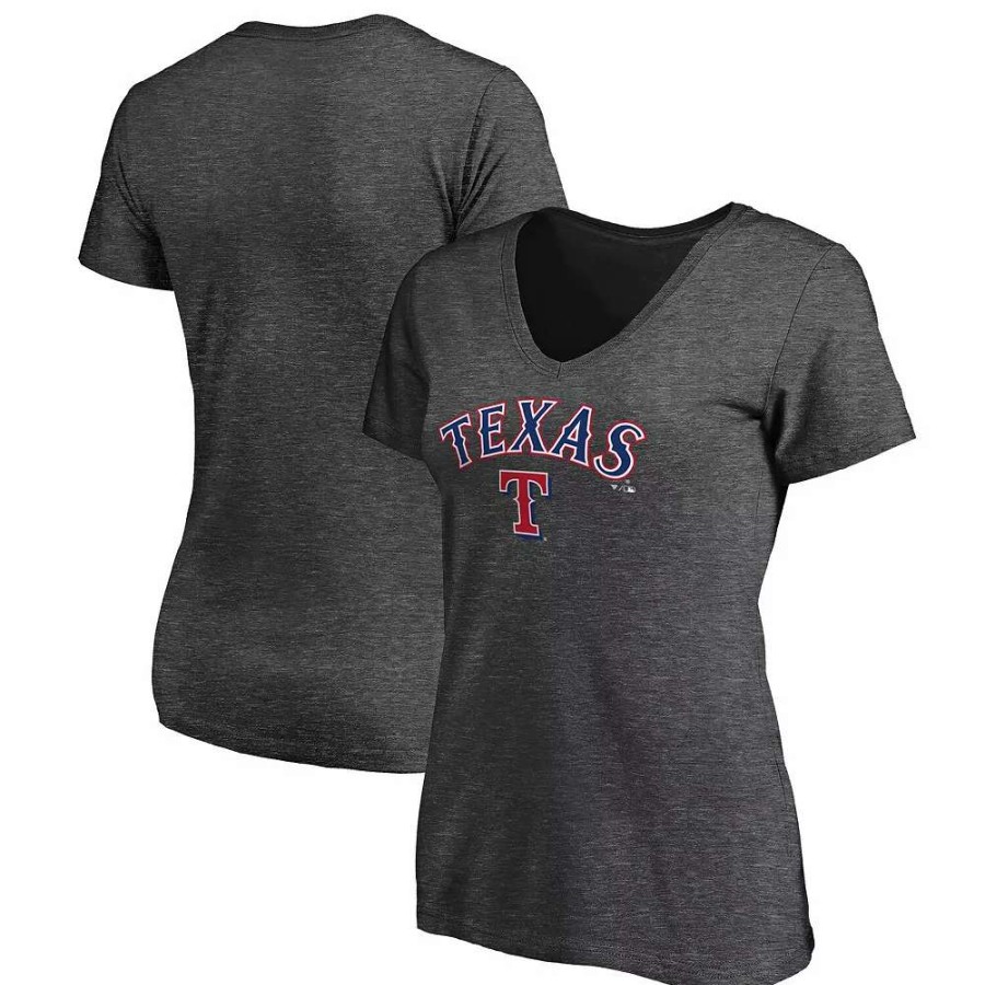 Tops * | Women'S Fanatics Branded Heathered Charcoal Texas Rangers Team Logo Lockup V-Neck T-Shirt