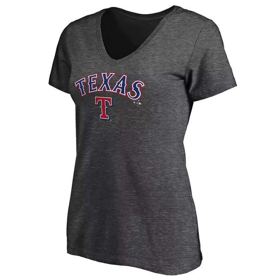 Tops * | Women'S Fanatics Branded Heathered Charcoal Texas Rangers Team Logo Lockup V-Neck T-Shirt