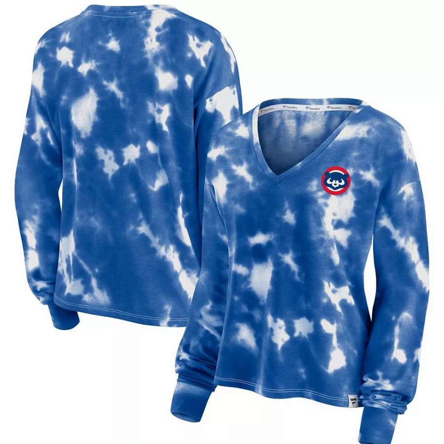 Tops * | Women'S Fanatics Branded White/Royal Chicago Cubs Tie-Dye V-Neck Pullover Cropped Tee