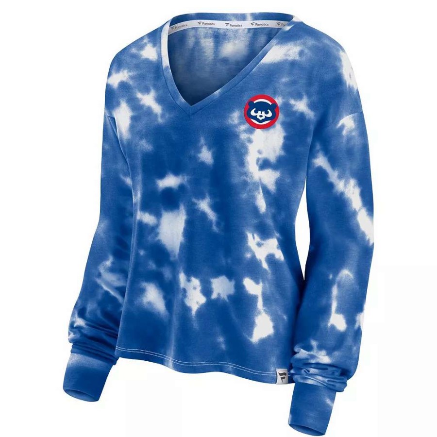 Tops * | Women'S Fanatics Branded White/Royal Chicago Cubs Tie-Dye V-Neck Pullover Cropped Tee