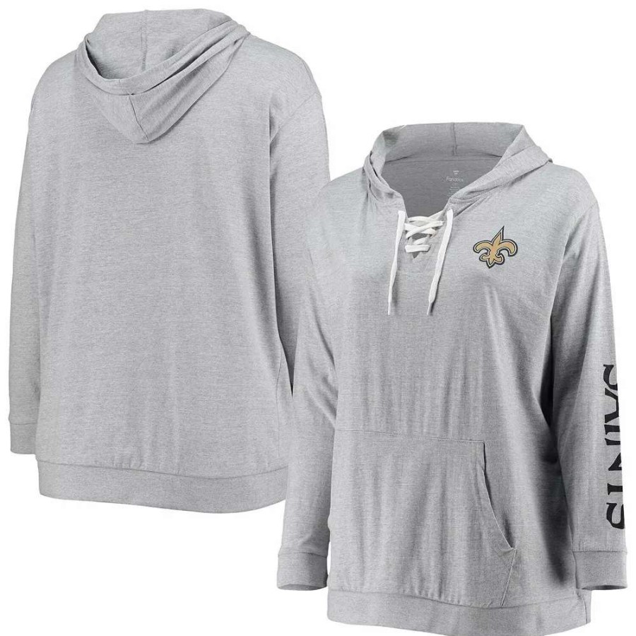 Tops * | Women'S Fanatics Branded Heathered Gray New Orleans Saints Plus Size Lace-Up Pullover Hoodie