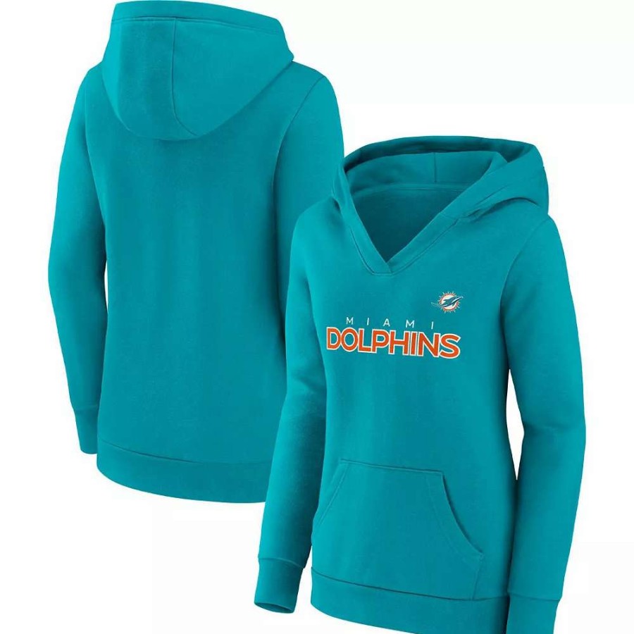 Tops * | Women'S Fanatics Branded Aqua Miami Dolphins Checklist Crossover V-Neck Pullover Hoodie