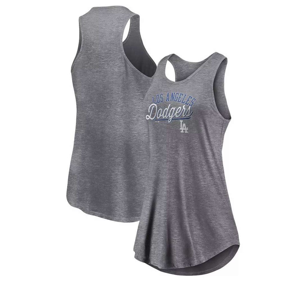 Tops * | Women'S Fanatics Branded Heather Gray Los Angeles Dodgers Simplicity Swing Racerback Scoop Neck Tank Top