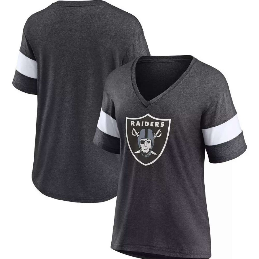 Tops * | Women'S Fanatics Branded Heathered Charcoal Las Vegas Raiders Distressed Team Tri-Blend V-Neck T-Shirt