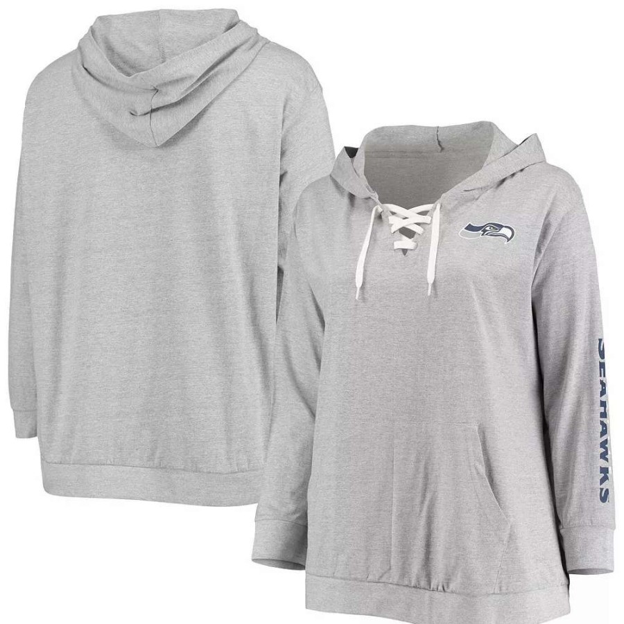 Tops * | Women'S Fanatics Branded Heathered Gray Seattle Seahawks Plus Size Lace-Up Pullover Hoodie