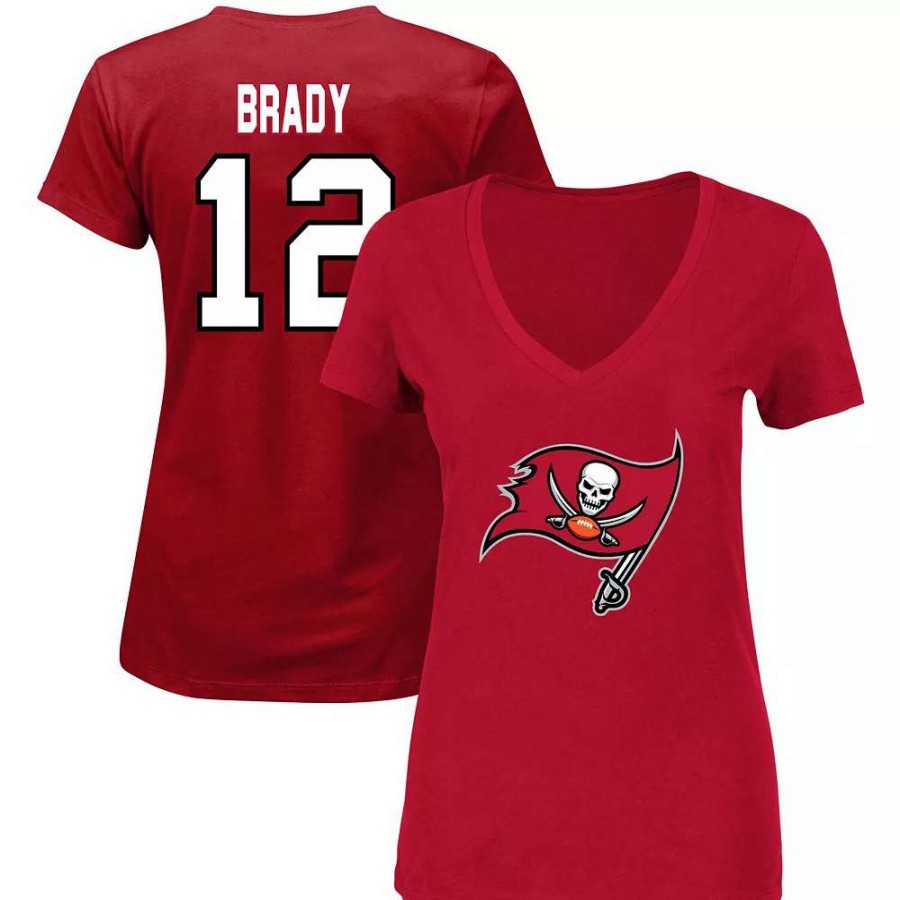 Tops * | Women'S Tom Brady Red Tampa Bay Buccaneers Plus Size Fair Catch Name & Number V-Neck T-Shirt