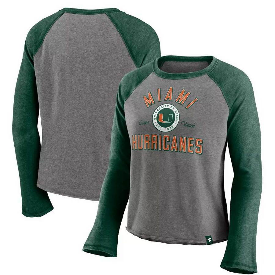 Tops * | Women'S Majestic Heathered Gray/Heathered Green Miami Hurricanes Competitive Edge Cropped Raglan Long Sleeve T-Shirt