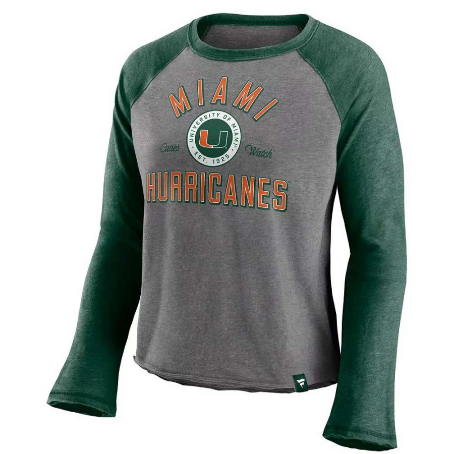 Tops * | Women'S Majestic Heathered Gray/Heathered Green Miami Hurricanes Competitive Edge Cropped Raglan Long Sleeve T-Shirt