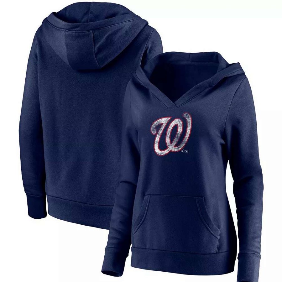 Tops * | Women'S Fanatics Branded Navy Washington Nationals Core Team Crossover V-Neck Pullover Hoodie