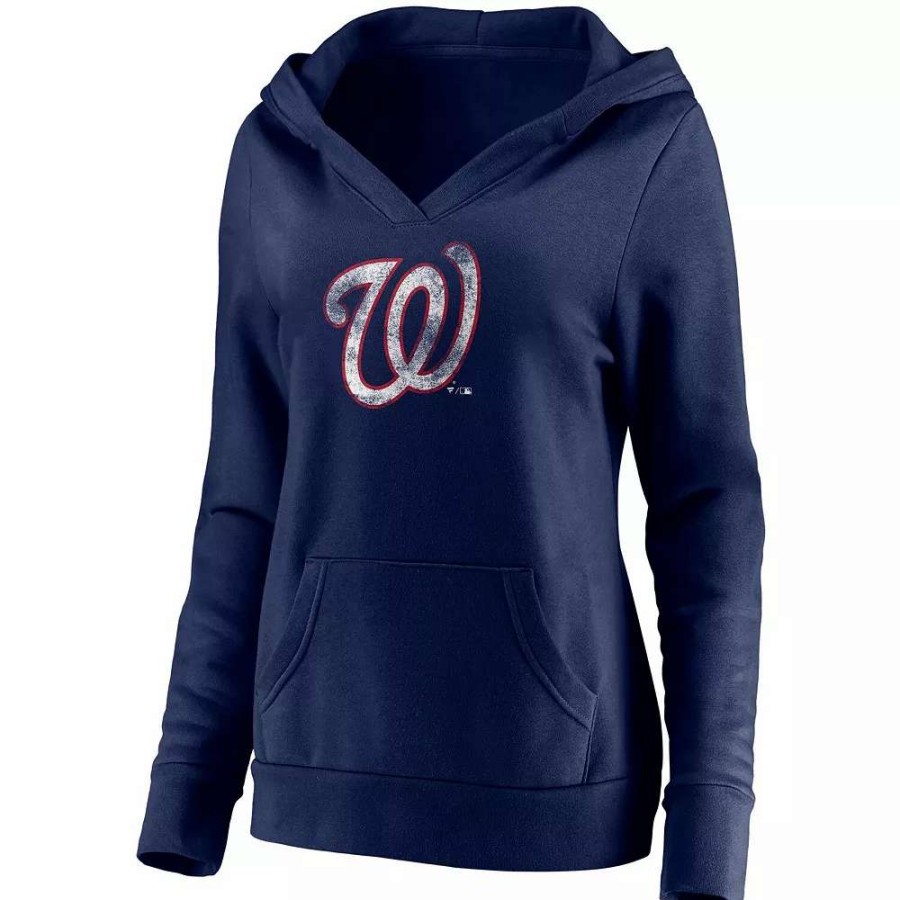 Tops * | Women'S Fanatics Branded Navy Washington Nationals Core Team Crossover V-Neck Pullover Hoodie