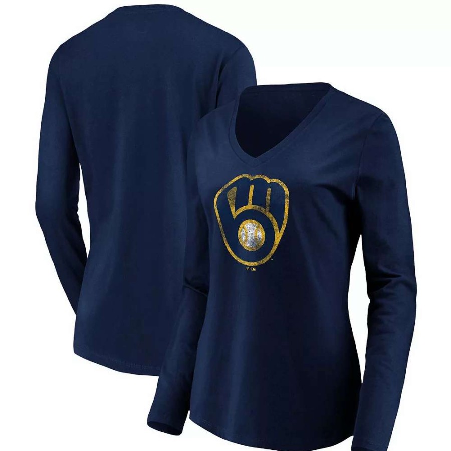 Tops * | Women'S Fanatics Branded Navy Milwaukee Brewers Core Team Long Sleeve V-Neck T-Shirt