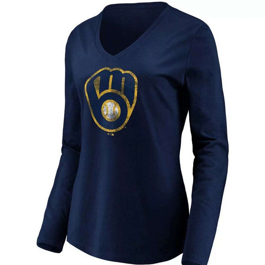 Tops * | Women'S Fanatics Branded Navy Milwaukee Brewers Core Team Long Sleeve V-Neck T-Shirt