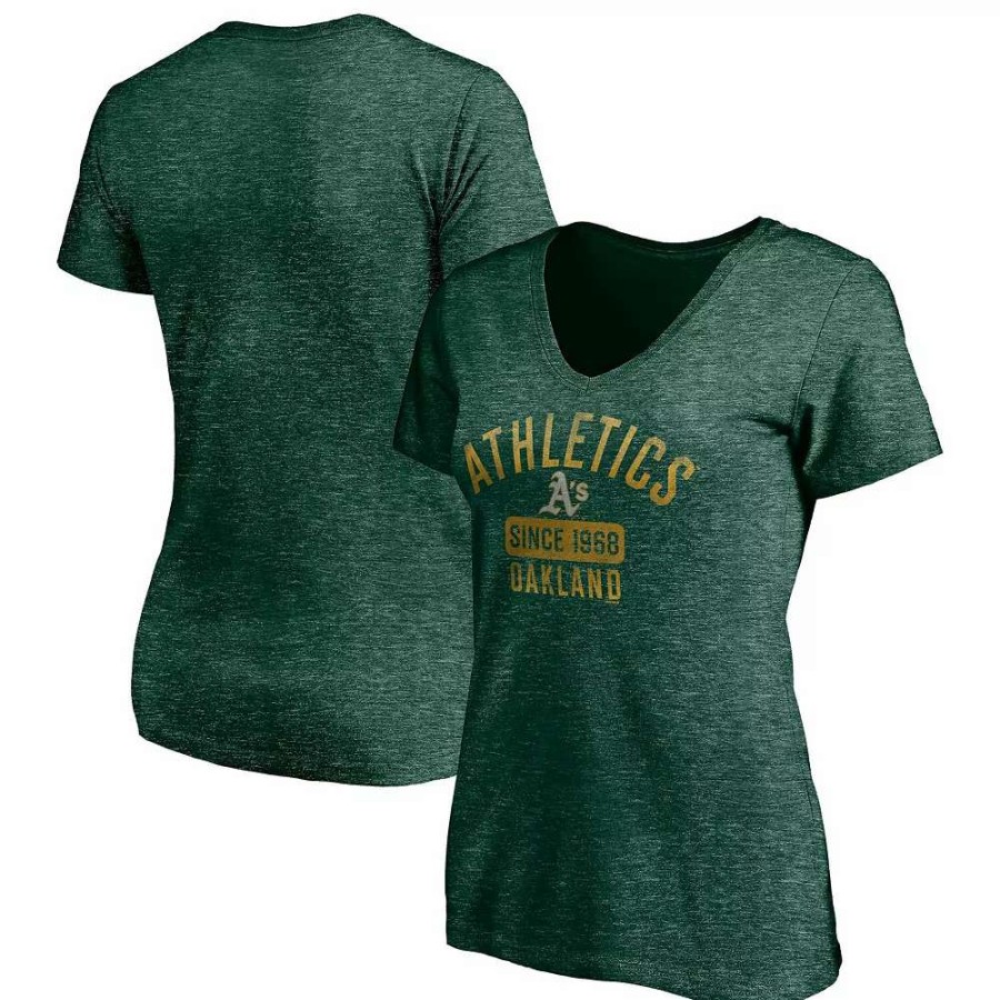 Tops * | Women'S Fanatics Branded Heathered Green Oakland Athletics Old Time Favorite V-Neck T-Shirt