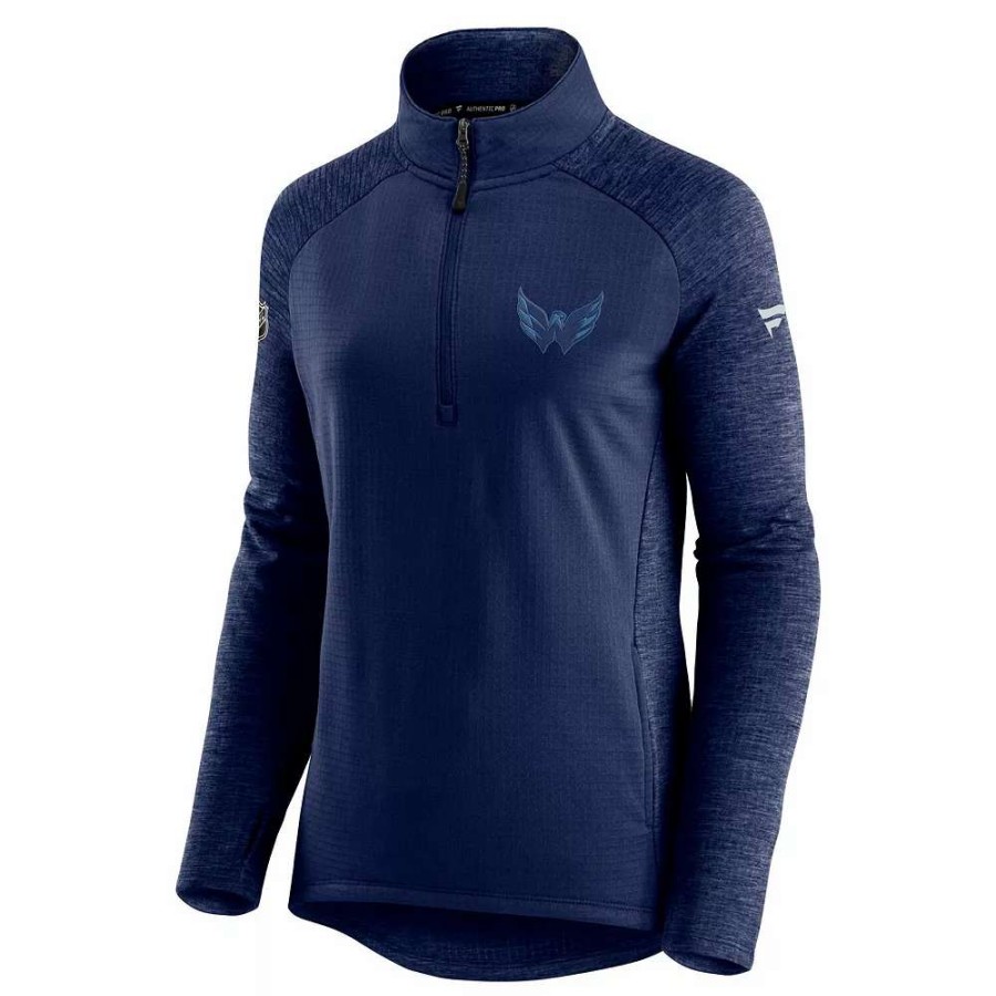 Outerwear * | Women'S Fanatics Branded Navy/Heathered Navy Washington Capitals Authentic Pro Travel & Training Raglan Quarter-Zip Jacket