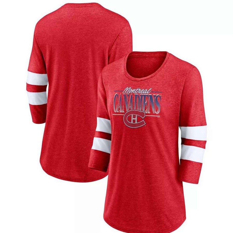 Tops * | Women'S Fanatics Branded Heathered Red/White Montreal Canadiens Full Shield 3/4-Sleeve Tri-Blend Raglan Scoop Neck T-Shirt