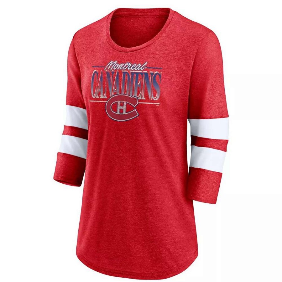 Tops * | Women'S Fanatics Branded Heathered Red/White Montreal Canadiens Full Shield 3/4-Sleeve Tri-Blend Raglan Scoop Neck T-Shirt