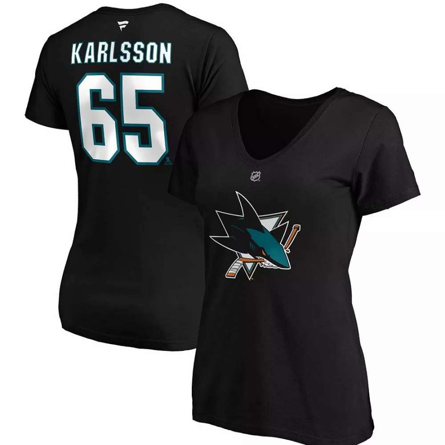 Tops * | Women'S Fanatics Branded Erik Karlsson Black San Jose Sharks Authentic Stack Name & Number V-Neck T-Shirt