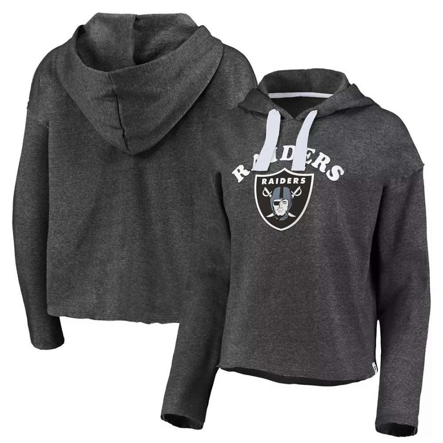 Tops * | Women'S Fanatics Branded Heathered Charcoal Las Vegas Raiders Historic Logo Sport Resort Vintage Arc Cropped Raw Edge Pullover Hoodie