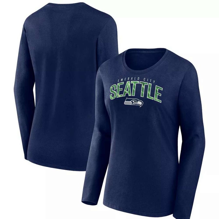 Tops * | Women'S Fanatics Branded College Navy Seattle Seahawks Plus Size Measure Distance Scoop Neck Long Sleeve T-Shirt