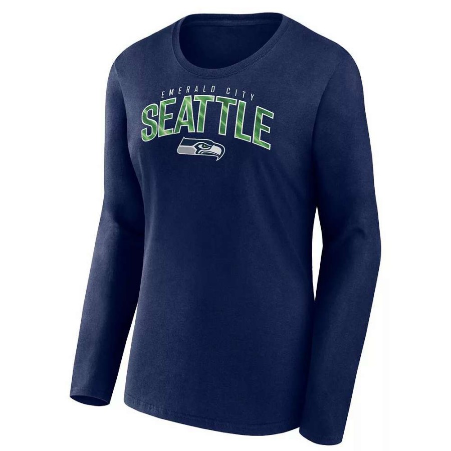 Tops * | Women'S Fanatics Branded College Navy Seattle Seahawks Plus Size Measure Distance Scoop Neck Long Sleeve T-Shirt