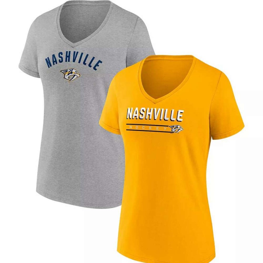 Tops * | Women'S Fanatics Branded Gold/Heathered Gray Nashville Predators 2-Pack V-Neck T-Shirt Set