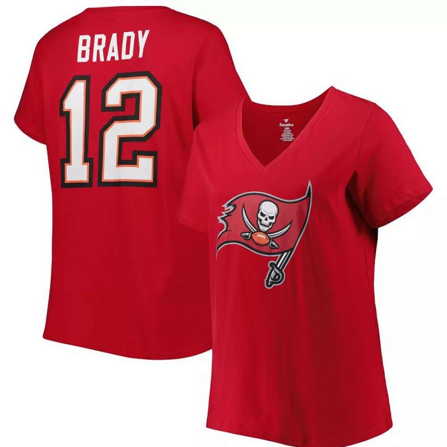 Tops * | Women'S Fanatics Branded Tom Brady Red Tampa Bay Buccaneers Plus Size Player Name & Number Logo V-Neck T-Shirt