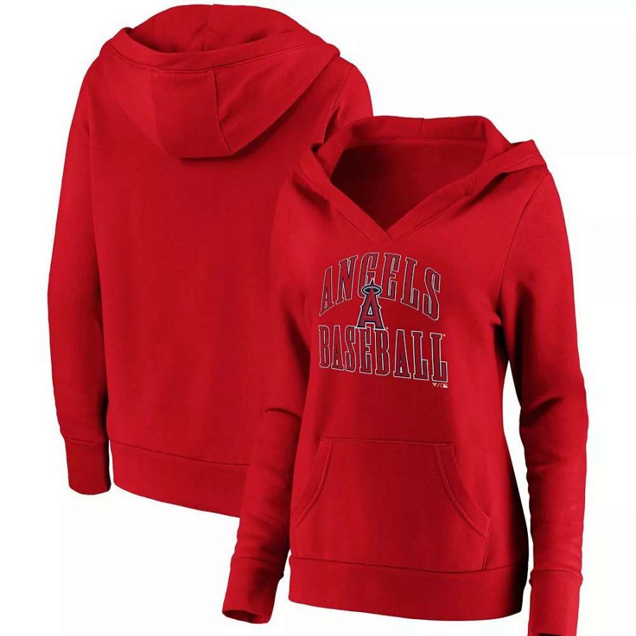 Tops * | Women'S Fanatics Branded Red Los Angeles Angels Victory Script Crossover Neck Pullover Hoodie